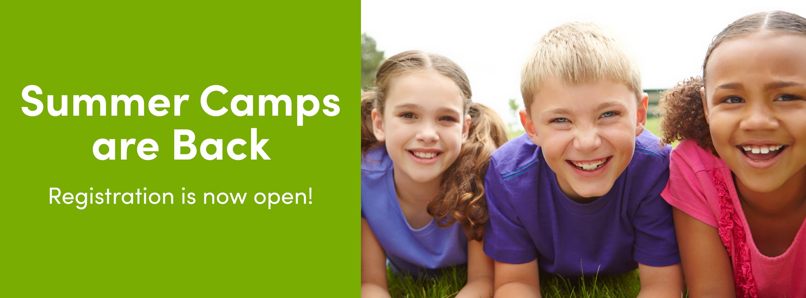 Three kids laying in the grass smiling at the camera with text that Summer Camp registration is open